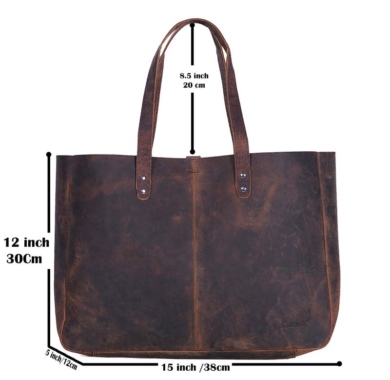 KomalC Leather Tote Bag for Women Purse Satchel Travel Bag shopping Carry Messenger Multipurpose Handbag (15 INCH, Buffalo Distressed Tan) - Image 5